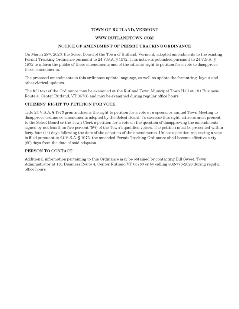 Notice to Amend the Permit Tracking Ordinance – The Town of Rutland ...