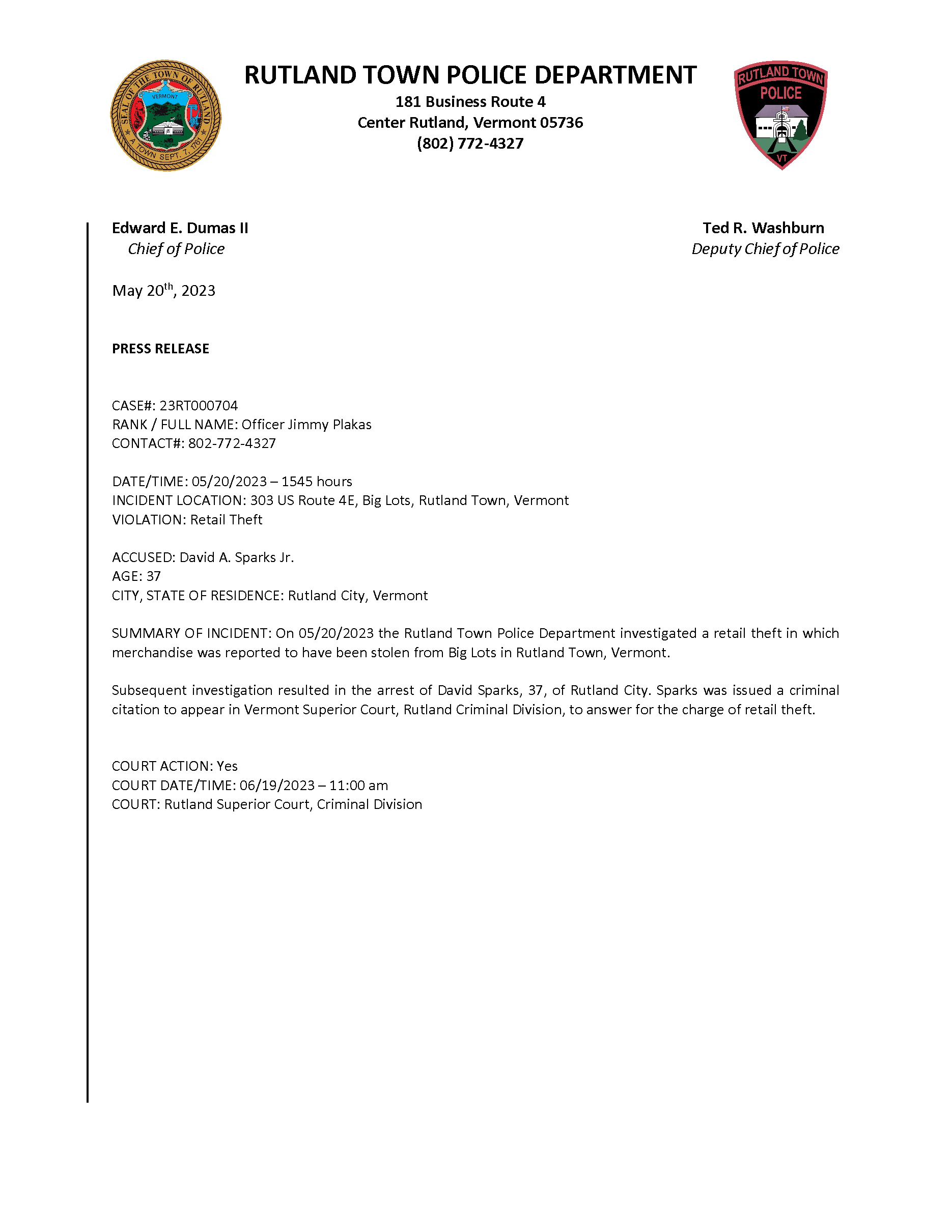 Rutland Town Police Department May 2023 Press Releases – The Town of Rutland,  Vermont