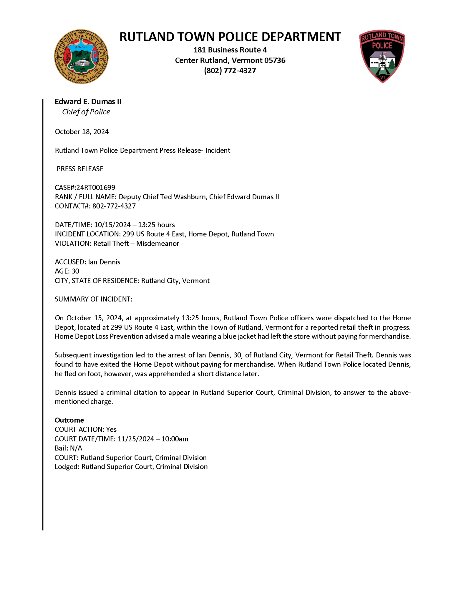 Rutland Town Police Department October 2024 Press Releases The Town